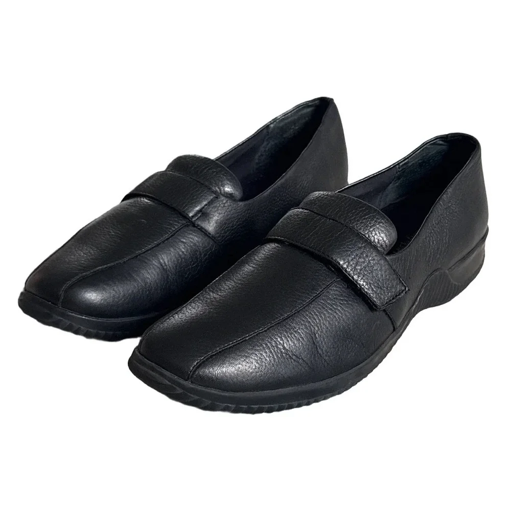 Easy Spirit Musthaves Black Leather Loafers Hook and Loop Strap Shoes Womens 11